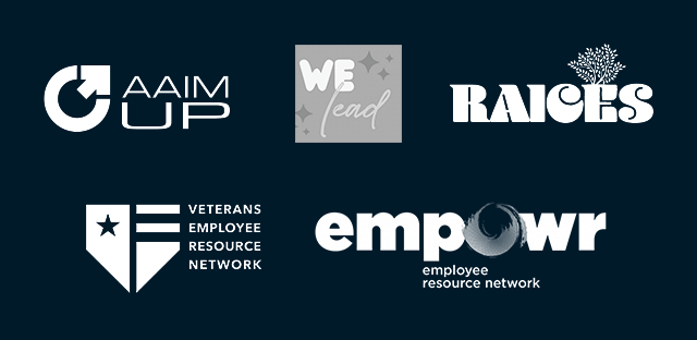 Logos of AAIMUp, WE Lead, RAICES, Veterans Employee Resource Network, and Empowr Employee Resource Network
